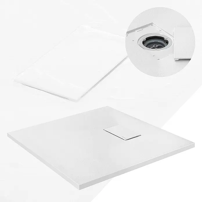 LuxeBath Duschwannen-Set Duschtasse Brausetasse mit Ablaufgarnitur und Anti-Rutsch-Oberfläche - Verbundwerkstoff, Weiß, Ablaufgarnitur