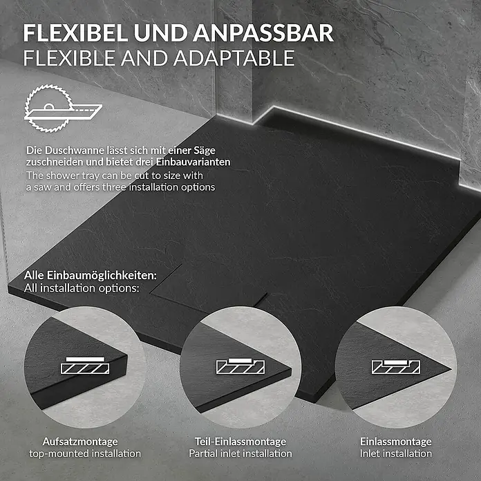 LuxeBath Duschwannen-Set Duschtasse Brausetasse mit Ablaufgarnitur und Anti-Rutsch-Oberfläche - Verbundwerkstoff, Schwarz, Ablaufgarnitur