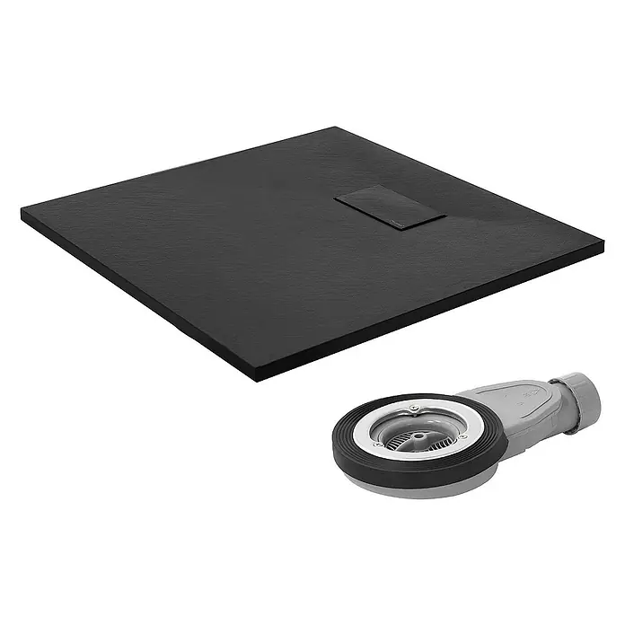 LuxeBath Duschwannen-Set Duschtasse Brausetasse mit Ablaufgarnitur und Anti-Rutsch-Oberfläche - Verbundwerkstoff, Schwarz, Ablaufgarnitur