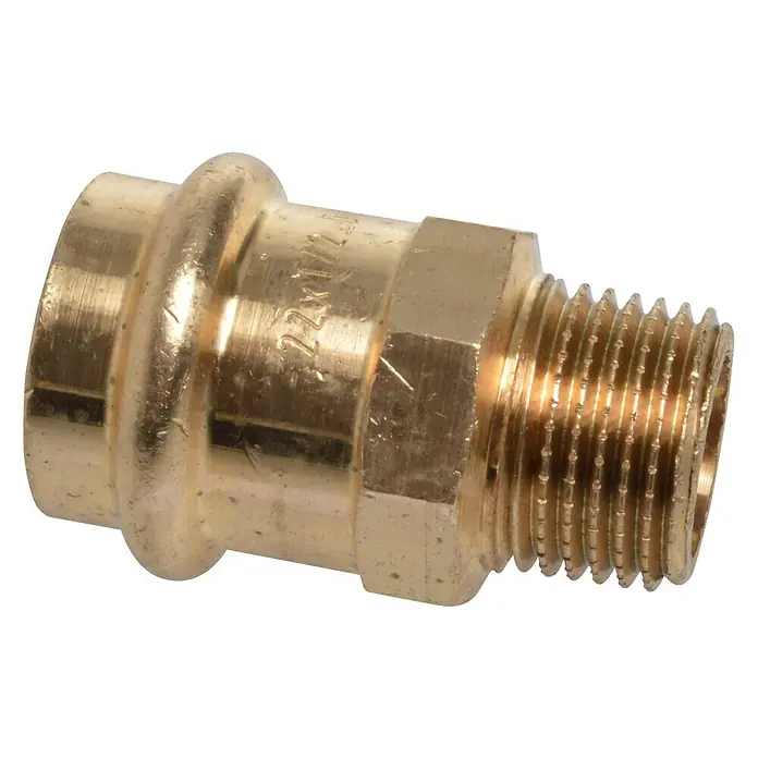 Press-Übergangsmuffe - Durchmesser: 22 mm, Außengewinde: ½″, Presskontur: V - Messingfitting mit Pressanschluss und Außengewinde für sichere Rohrverbindungen.