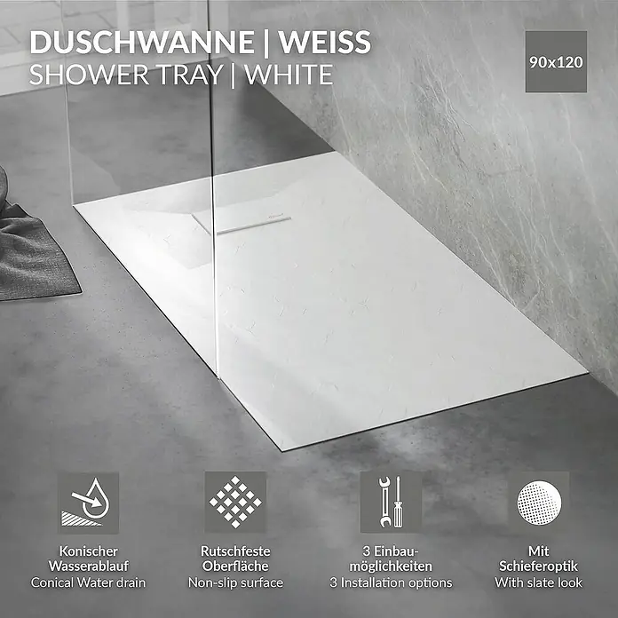 LuxeBath Duschwannen-Set Duschtasse Brausetasse mit Ablaufgarnitur und Anti-Rutsch-Oberfläche - Verbundwerkstoff, Weiß, Ablaufgarnitur