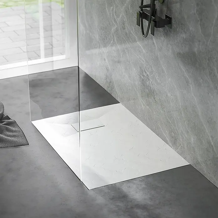 LuxeBath Duschwannen-Set 100x70 cm Weiß Schieferoptik mit Ablaufgarnitur - Verbundwerkstoff, Weiß, Ablaufgarnitur