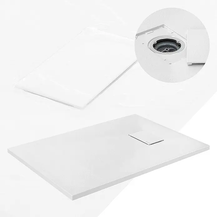LuxeBath Duschwannen-Set 100x70 cm Weiß Schieferoptik mit Ablaufgarnitur - Verbundwerkstoff, Weiß, Ablaufgarnitur