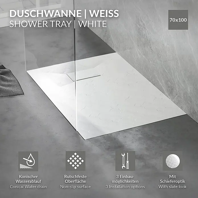 LuxeBath Duschwannen-Set 100x70 cm Weiß Schieferoptik mit Ablaufgarnitur - Verbundwerkstoff, Weiß, Ablaufgarnitur