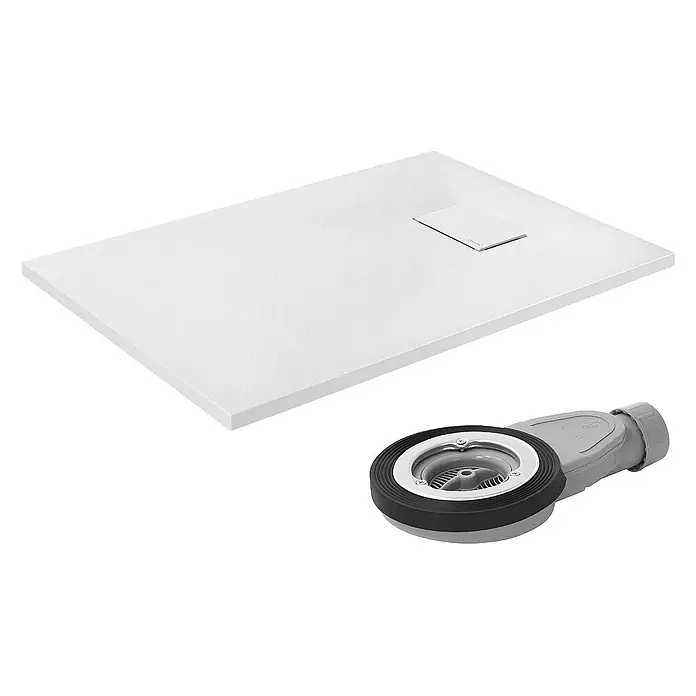 LuxeBath Duschwannen-Set 100x70 cm Weiß Schieferoptik mit Ablaufgarnitur - Verbundwerkstoff, Weiß, Ablaufgarnitur