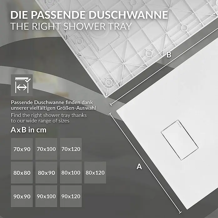 LuxeBath Duschwannen-Set 90x80 cm Schwarz Schieferoptik mit Ablaufgarnitur - Verbundwerkstoff, Weiß, Ablaufgarnitur