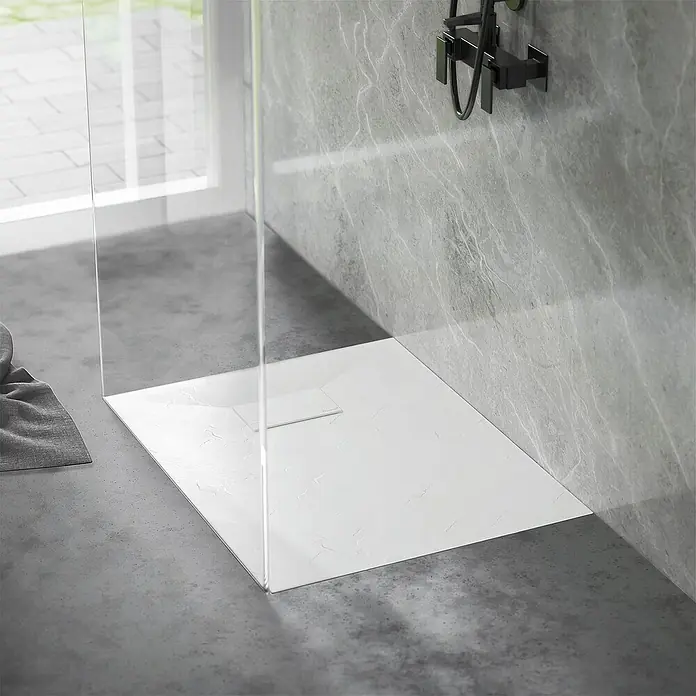 LuxeBath Duschwannen-Set 90x80 cm Schwarz Schieferoptik mit Ablaufgarnitur - Verbundwerkstoff, Weiß, Ablaufgarnitur