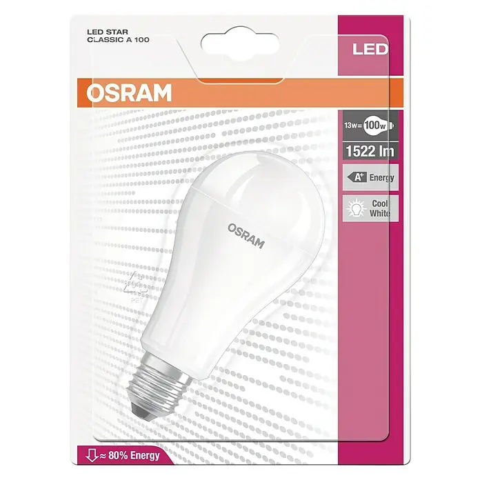 Osram LED-Lampe Glühlampenform E27 matt - E27, Nicht Dimmbar, Kaltweiß, 1.521 lm, 13 W - Nahaufnahme der Verpackung einer Osram LED Star Classic A 100 Lampe mit Informationen zu Leistung, Lumen und Energieeffizienz.