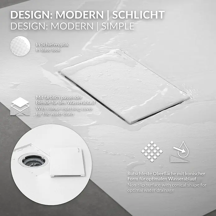 LuxeBath Duschwannen-Set 90x80 cm Schwarz Schieferoptik mit Ablaufgarnitur - Verbundwerkstoff, Weiß, Ablaufgarnitur