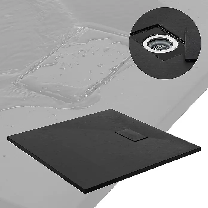 LuxeBath Duschwannen-Set Duschtasse Brausetasse mit Ablaufgarnitur und Anti-Rutsch-Oberfläche - L x B: 90 x 90 cm, Verbundwerkstoff, Schwarz, Ablaufgarnitur
