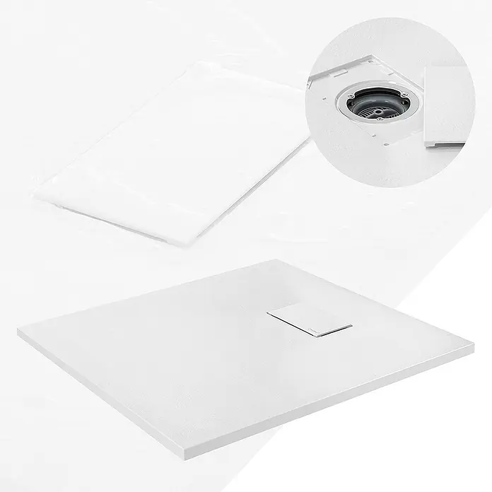 LuxeBath Duschwannen-Set 90x80 cm Schwarz Schieferoptik mit Ablaufgarnitur - Verbundwerkstoff, Weiß, Ablaufgarnitur