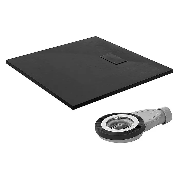 LuxeBath Duschwannen-Set Duschtasse Brausetasse mit Ablaufgarnitur und Anti-Rutsch-Oberfläche - L x B: 90 x 90 cm, Verbundwerkstoff, Schwarz, Ablaufgarnitur