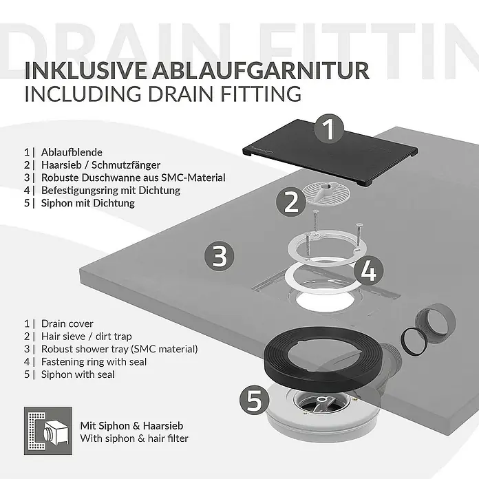 LuxeBath Duschwannen-Set Duschtasse Brausetasse mit Ablaufgarnitur und Anti-Rutsch-Oberfläche - Verbundwerkstoff, Schwarz