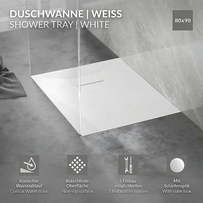 LuxeBath Duschwannen-Set 90x80 cm Schwarz Schieferoptik mit Ablaufgarnitur - Verbundwerkstoff, Weiß, Ablaufgarnitur