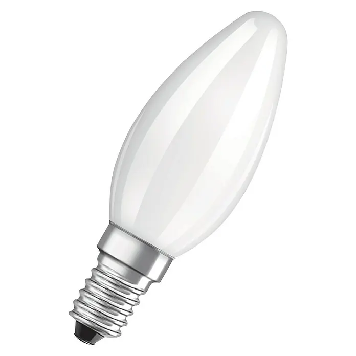 Osram LED-Lampe Kerzenform E14 matt - E14, Nicht Dimmbar, Warmweiß, 470 lm, 4 W, Matt - Nahaufnahme einer Osram Glühbirne in Kerzenform, die ihr warmes Licht verspricht.