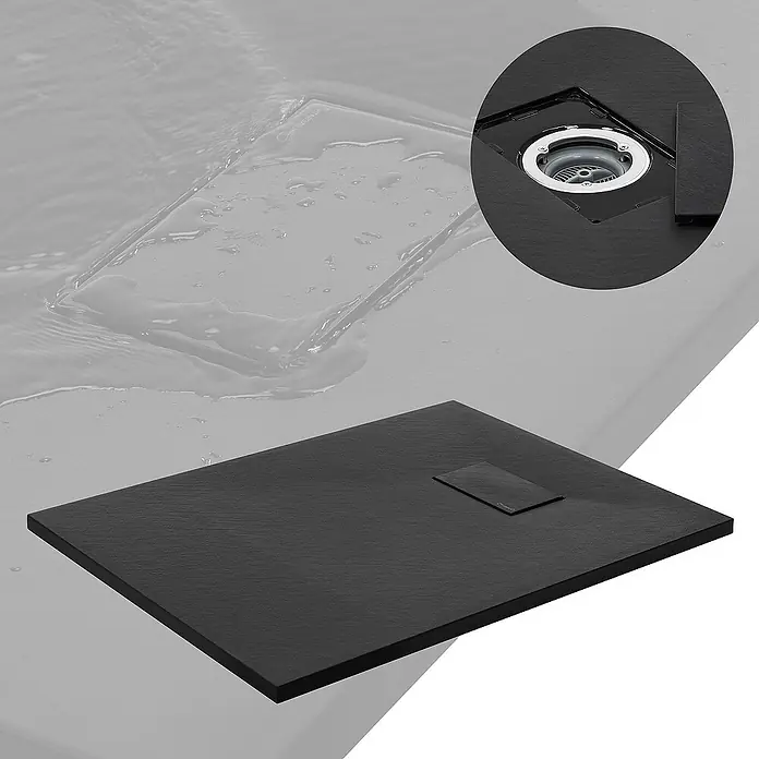 LuxeBath Duschwannen-Set Duschtasse Brausetasse mit Ablaufgarnitur und Anti-Rutsch-Oberfläche - Verbundwerkstoff, Schwarz