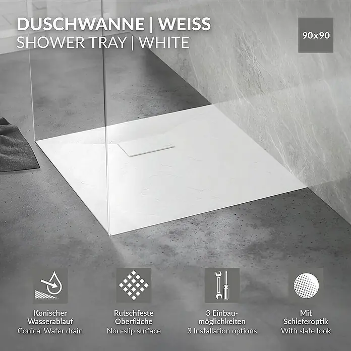 LuxeBath Duschwannen-Set 100x70 cm Schwarz Schieferoptik mit Ablaufgarnitur - Verbundwerkstoff, Weiß, Ablaufgarnitur
