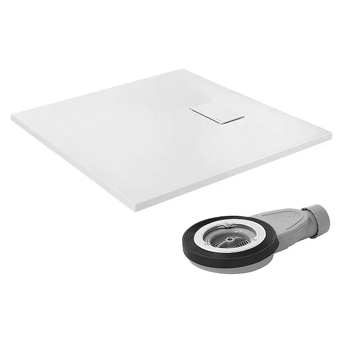 LuxeBath Duschwannen-Set 100x70 cm Schwarz Schieferoptik mit Ablaufgarnitur - Verbundwerkstoff, Weiß, Ablaufgarnitur