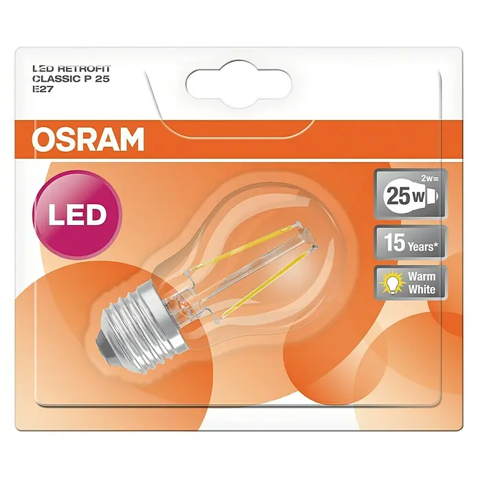 Osram LED-Lampe Retrofit Classic P - E27, Nicht Dimmbar, Warmweiß, 230 lm, 2 W - Das Bild zeigt eine LED-Retrofit Classic P 25 E27 Lampe von Osram in der Verpackung, die für ihre Energieeffizienz und lange Lebensdauer bekannt ist.