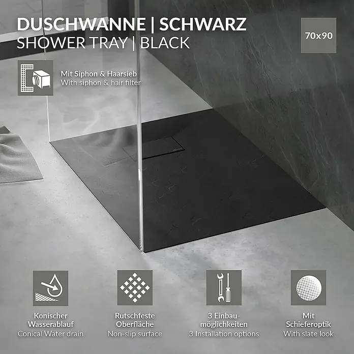 LuxeBath Duschwannen-Set Duschtasse Brausetasse mit Ablaufgarnitur und Anti-Rutsch-Oberfläche - Verbundwerkstoff, Schwarz