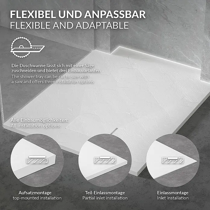 LuxeBath Duschwannen-Set 100x70 cm Schwarz Schieferoptik mit Ablaufgarnitur - Verbundwerkstoff, Weiß, Ablaufgarnitur