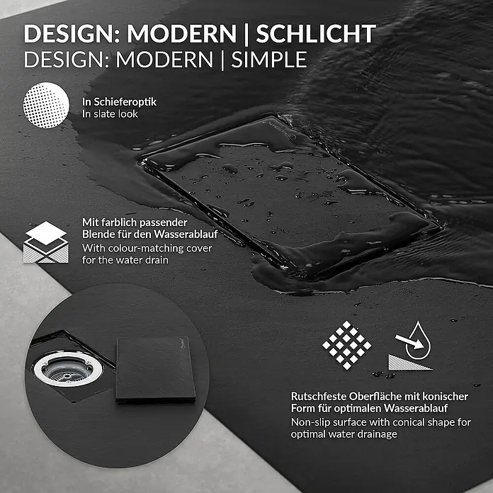 LuxeBath Duschwannen-Set Duschtasse Brausetasse mit Ablaufgarnitur und Anti-Rutsch-Oberfläche - Verbundwerkstoff, Schwarz