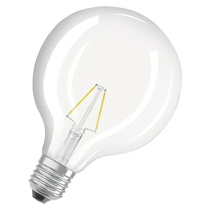 Osram LED-Lampe Vintage Globe-Form E27 - E27, Nicht Dimmbar, Warmweiß, 470 lm, 4 W - Nahaufnahme einer klaren LED-Glühbirne mit einer filigranen Glühwendel, die warmes Licht verspricht und Energieeffizienz vereint.