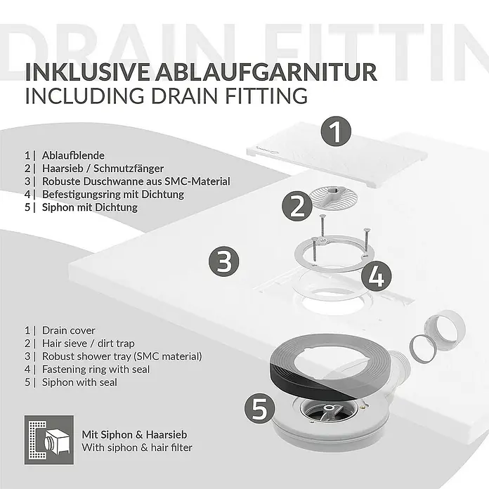 LuxeBath Duschwannen-Set 100x70 cm Schwarz Schieferoptik mit Ablaufgarnitur - Verbundwerkstoff, Weiß, Ablaufgarnitur