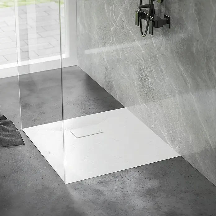LuxeBath Duschwannen-Set 100x70 cm Schwarz Schieferoptik mit Ablaufgarnitur - Verbundwerkstoff, Weiß, Ablaufgarnitur