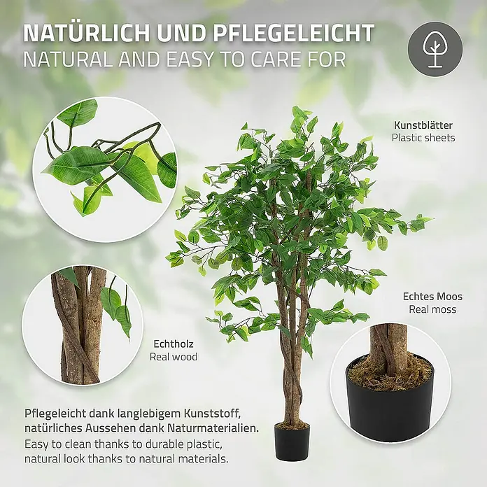 ML-Design Kunstpflanze Ficus Kunstbaum für Innen & Außen mit Naturholzstamm im Topf - Blütenfarbe: Grün, Holz