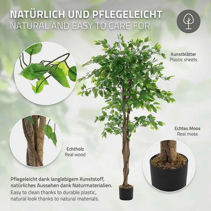 ML-Design Kunstpflanze Ficus Kunstbaum für Innen & Außen mit Naturholzstamm im Topf - Blütenfarbe: Grün, Holz