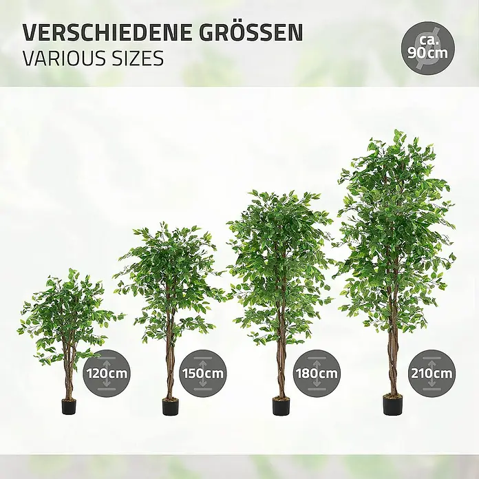 ML-Design Kunstpflanze Ficus Kunstbaum für Innen & Außen mit Naturholzstamm im Topf - Blütenfarbe: Grün, Holz