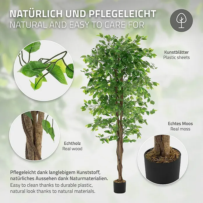 ML-Design Kunstpflanze Ficus Kunstbaum für Innen & Außen mit Naturholzstamm im Topf - Höhe: 180 cm, Blütenfarbe: Grün, Holz