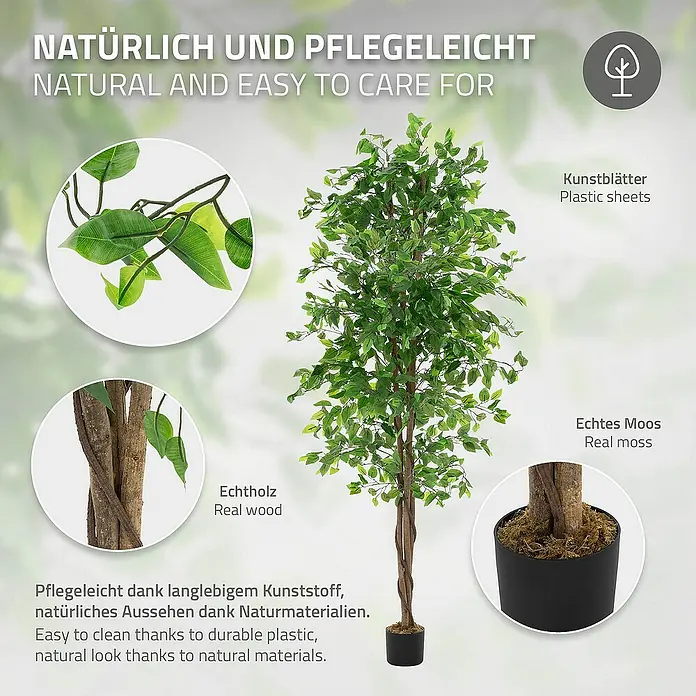 ML-Design Kunstpflanze Ficus Kunstbaum für Innen & Außen mit Naturholzstamm im Topf - Höhe: 210 cm, Blütenfarbe: Grün, Holz