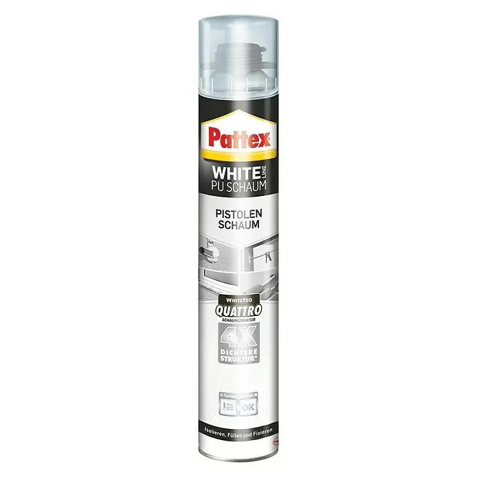 Pattex Pistolenschaum White Line - 750 ml - Pattex White PU Schaum Pistolen Schaum: Isolier-, Füll- und Fixierschaum für professionelle Anwendungen, mit dichterer Struktur für optimale Ergebnisse.