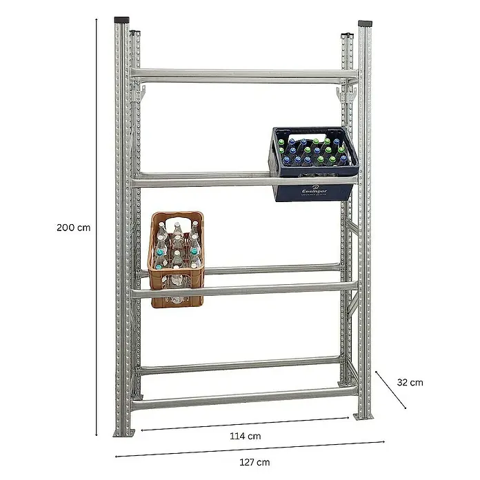 Proregal Getränkekistenregal PROXIMO - H x B x T: 200 x 120 x 32 cm, Traglast pro Boden: 200 kg, Anzahl Böden: 4 Stk., Stecken, Verzinkt
