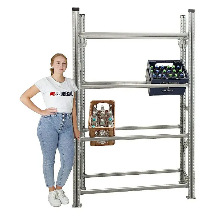 Proregal Getränkekistenregal PROXIMO - H x B x T: 200 x 150 x 32 cm, Traglast pro Boden: 200 kg, Anzahl Böden: 4 Stk., Stecken, Verzinkt