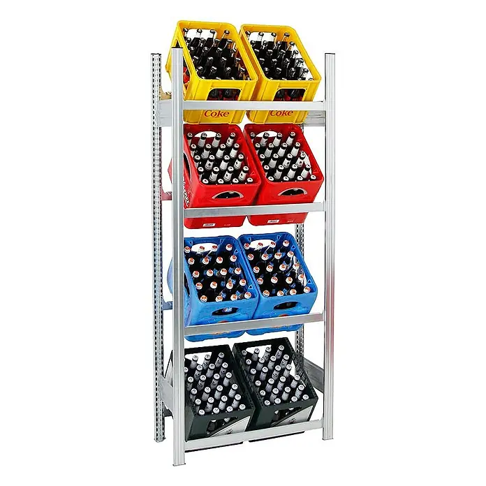 Proregal Getränkekistenregal CHIEMSEE - H x B x T: 185 x 81 x 34 cm, Traglast pro Boden: 100 kg, Anzahl Böden: 4 Stk., Stecken, Verzinkt