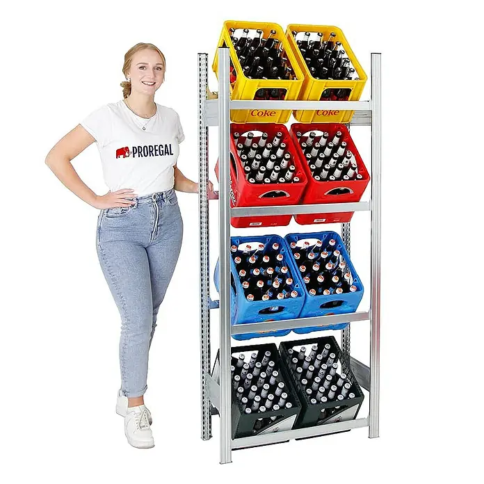 Proregal Getränkekistenregal CHIEMSEE - H x B x T: 185 x 81 x 34 cm, Traglast pro Boden: 100 kg, Anzahl Böden: 4 Stk., Stecken, Verzinkt