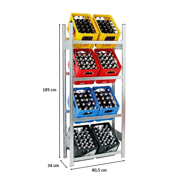 Proregal Getränkekistenregal CHIEMSEE - H x B x T: 185 x 81 x 34 cm, Traglast pro Boden: 100 kg, Anzahl Böden: 4 Stk., Stecken, Verzinkt