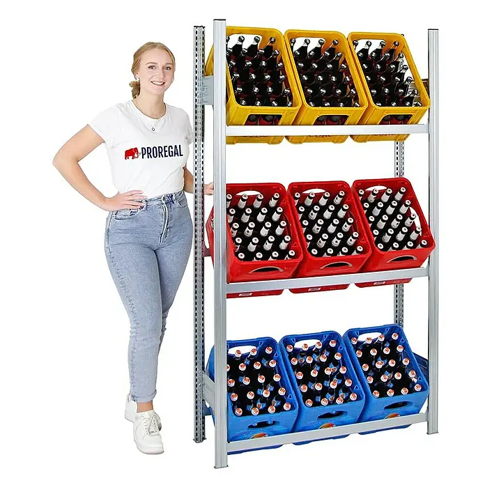 Proregal Getränkekistenregal CHIEMSEE - H x B x T: 185 x 106 x 34 cm, Traglast pro Boden: 100 kg, Anzahl Böden: 3 Stk., Stecken, Verzinkt