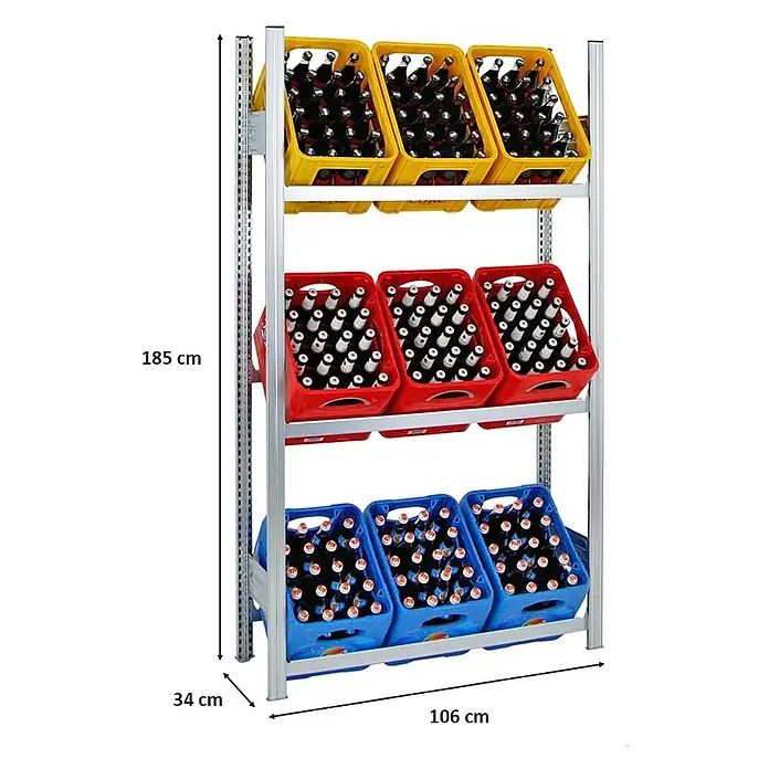 Proregal Getränkekistenregal CHIEMSEE - H x B x T: 185 x 106 x 34 cm, Traglast pro Boden: 100 kg, Anzahl Böden: 3 Stk., Stecken, Verzinkt