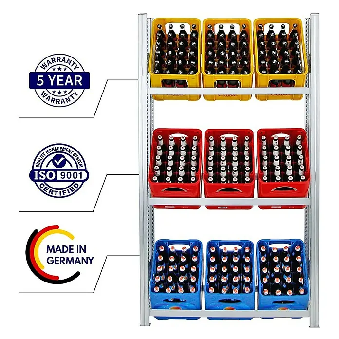 Proregal Getränkekistenregal CHIEMSEE - H x B x T: 185 x 106 x 34 cm, Traglast pro Boden: 100 kg, Anzahl Böden: 3 Stk., Stecken, Verzinkt
