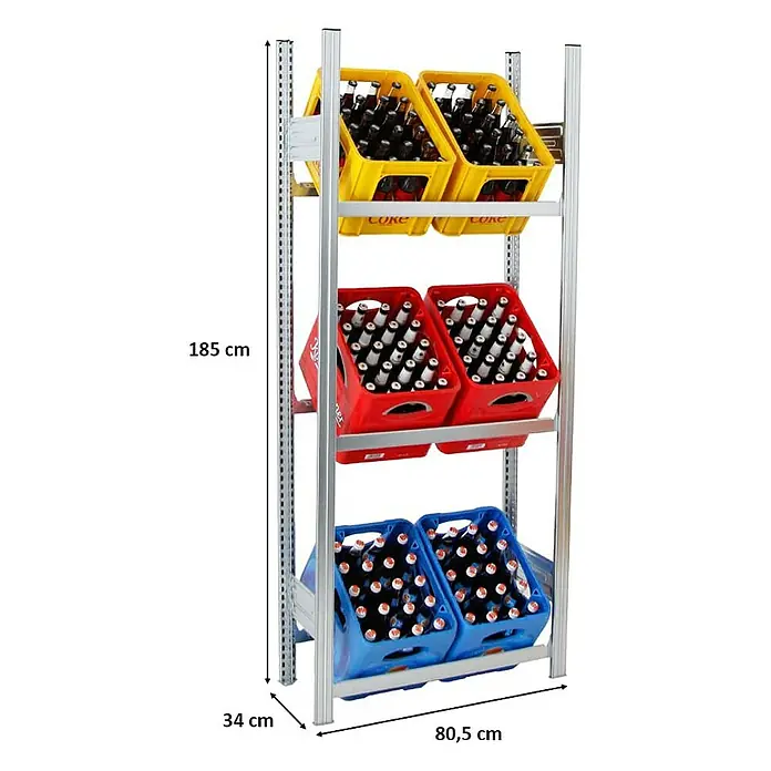 Proregal Getränkekistenregal CHIEMSEE - H x B x T: 185 x 81 x 34 cm, Traglast pro Boden: 100 kg, Anzahl Böden: 3 Stk., Stecken, Verzinkt