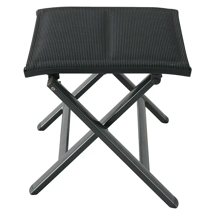 Sunfun Maja Gartenhocker - Aluminium, Textil, Klappbar, Anthrazit, B x T x H: 40 x 40 x 38 cm - Ein kompakter, klappbarer Hocker mit schwarzer Sitzfläche und einem stabilen, kreuzförmigen Gestell. Ideal für unterwegs und platzsparend.