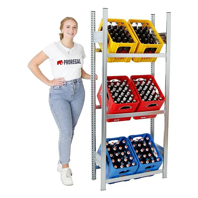 Proregal Getränkekistenregal CHIEMSEE - H x B x T: 185 x 81 x 34 cm, Traglast pro Boden: 100 kg, Anzahl Böden: 3 Stk., Stecken, Verzinkt