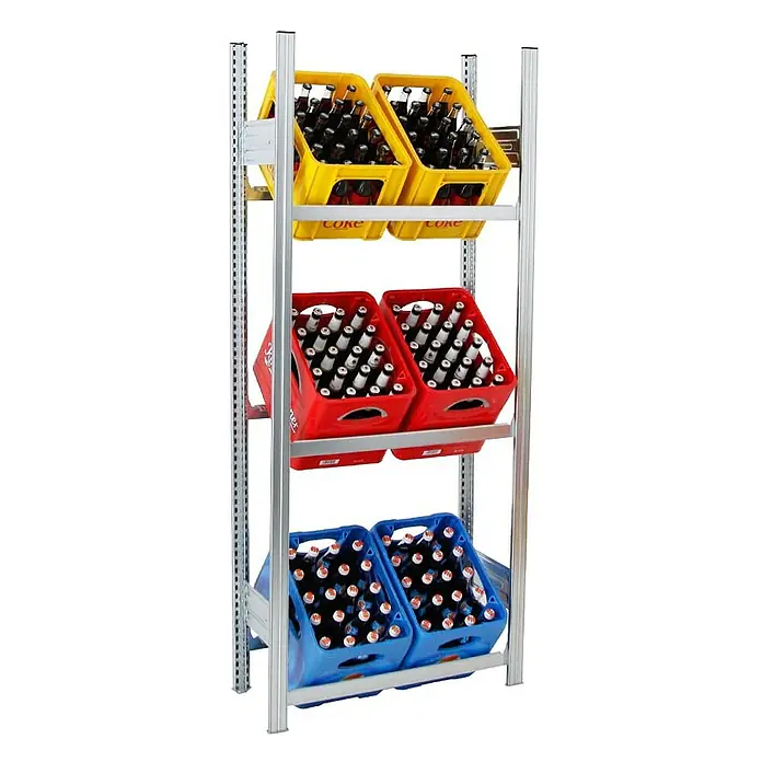 Proregal Getränkekistenregal CHIEMSEE - H x B x T: 185 x 81 x 34 cm, Traglast pro Boden: 100 kg, Anzahl Böden: 3 Stk., Stecken, Verzinkt
