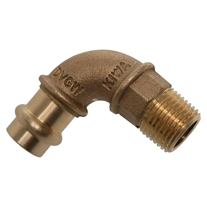Press-Übergangswinkel - Durchmesser: 15 mm, Außengewinde: ½″, Presskontur: V - Messing-Pressfitting-Winkel mit Gewinde, ideal für Sanitär- und Heizungsinstallationen. Robuste Bauweise für zuverlässige Verbindungen.