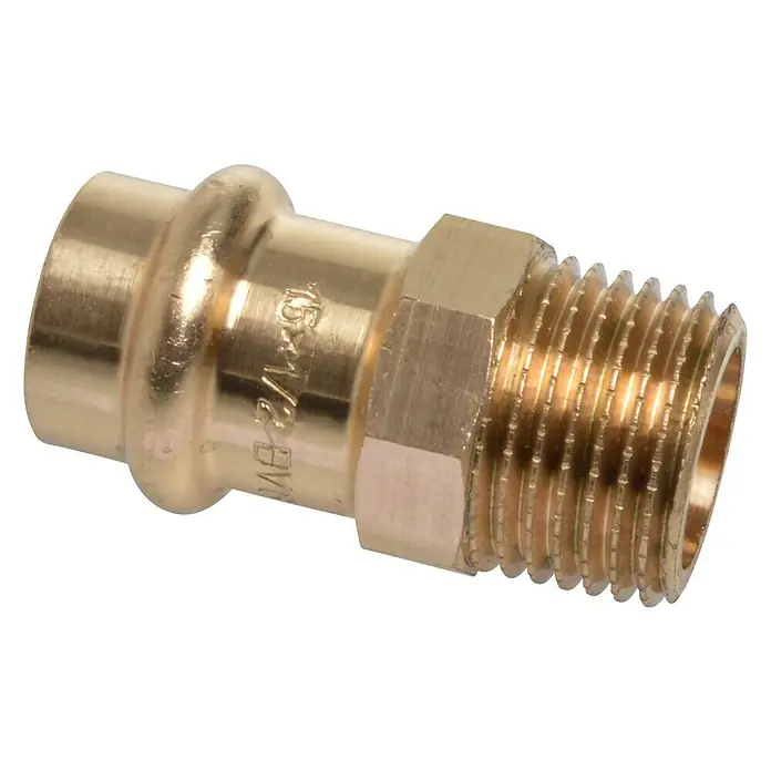Press-Übergangsmuffe - Durchmesser: 15 mm, Außengewinde: ½″, Presskontur: V - Messingfitting mit Gewindeanschluss für Rohrinstallationen, ideal für Sanitär- und Heizungstechnik.