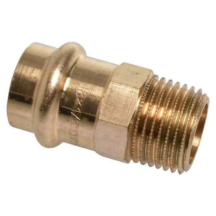 Press-Übergangsmuffe - Durchmesser: 18 mm, Außengewinde: ½″, Presskontur: V - Messingfitting mit Gewinde und Pressverbindung für Sanitär- und Heizungsinstallationen. Robuste Ausführung für zuverlässige Verbindungen.